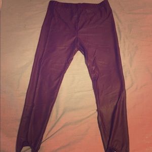 Maroon pleather leggings with foot straps